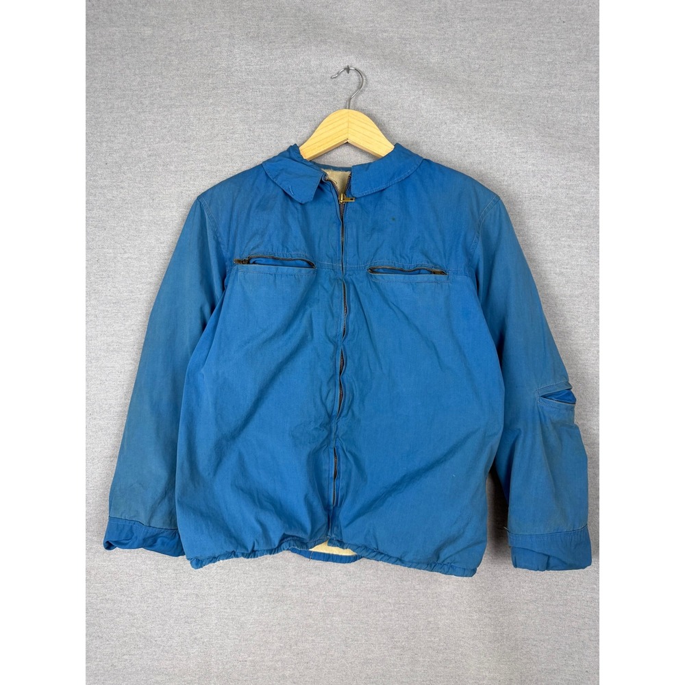 Vintage 50s 60s French Sherpa Lined Workwear Jacket Blue Canvas Chic Zipper 44
